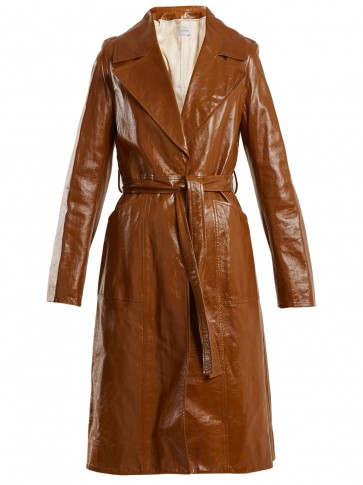 YVES SALOMON Tie-waist brown patent-leather trench coat – as worn by Emily Ratajkowski out in New York, 9 April 2018. Celebrity coats | star style fashion
