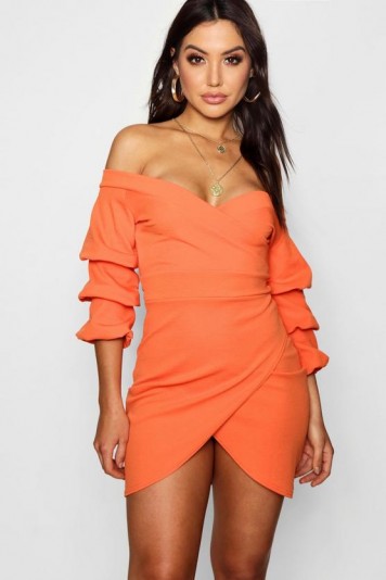 boohoo Tina Off the Shoulder Wrap Bodycon Dress ~ orange bardot dresses