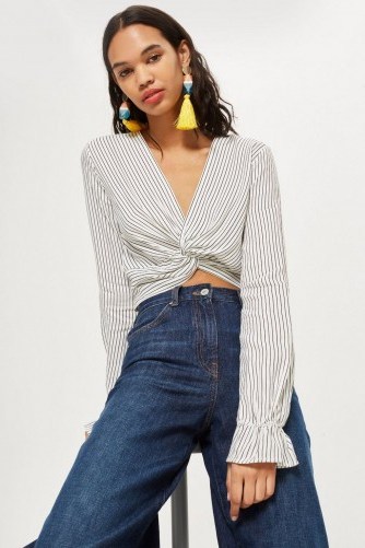 Topshop Twist Front Blouse | monochrome striped frilled cuff tops - flipped
