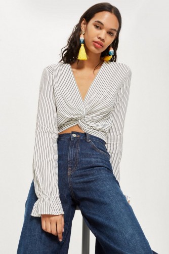 Topshop Twist Front Blouse | monochrome striped frilled cuff tops