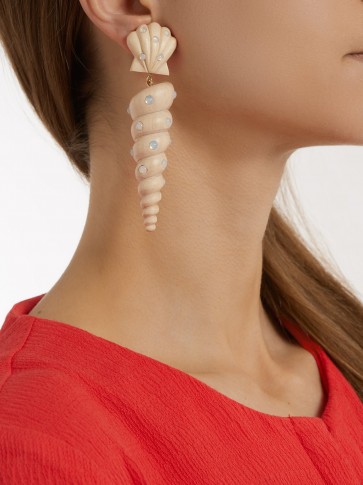 REBECCA DE RAVENEL Twisty shell-drop clip-on earrings ~ light-beige wood statement jewellery ~ sea shells