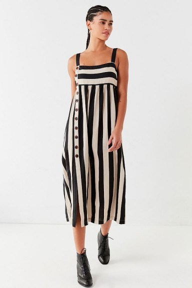 UO Deena Striped Linen Button-Down Midi Dress – black and white stripe sundress - flipped
