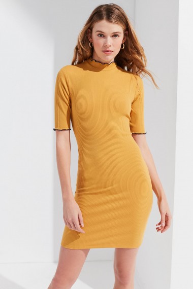 UO Shelly Lettuce-Edge Turtleneck Dress ~ yellow frill trim dresses
