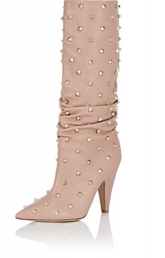 VALENTINO Rockstud Leather Knee Boots ~ luxe pink studded boot ~ gold tone pyramid studs - flipped