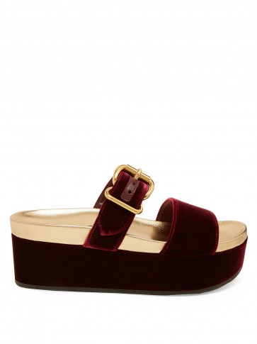 PRADA Burgundy Velvet double-strap flatform sandals ~ red velvet and metallic-gold leather flatforms ~ luxe summer shoes