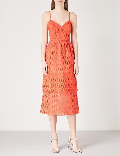 WAREHOUSE Tiered cotton-broderie anglaise midi dress in red - flipped