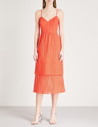 WAREHOUSE Tiered cotton-broderie anglaise midi dress in red