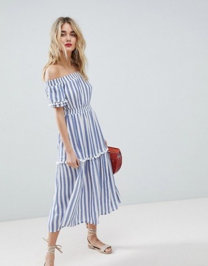 Warehouse Off The Shoulder Bardot Stripe Midi Dress | blue striped boho dresses | summer style - flipped