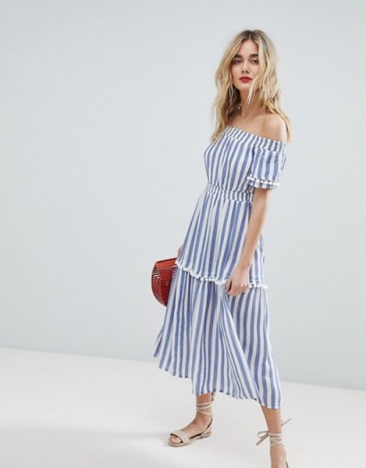 Warehouse Off The Shoulder Bardot Stripe Midi Dress | blue striped boho dresses | summer style