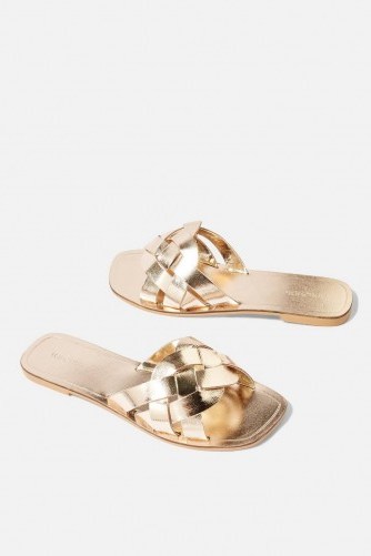 Topshop Weave Sandals | gold metallic mules - flipped