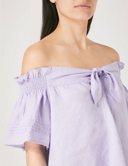 WHISTLES Off-the-shoulder bow-detail linen top ~ lilac bardot tops - flipped