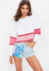 Missguided white chicago slogan colour block cropped sweatshirt – striped sweatshirts