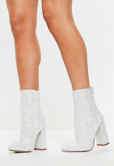 Missguided white flared heel glitter ankle boots – glittering booties - flipped