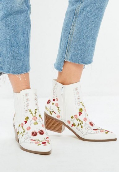 Missguided white floral embroidered western boots – cute cowboy booties - flipped