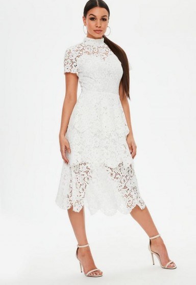 Missguided white lace midi skater dress – semi sheer high neck dresses - flipped