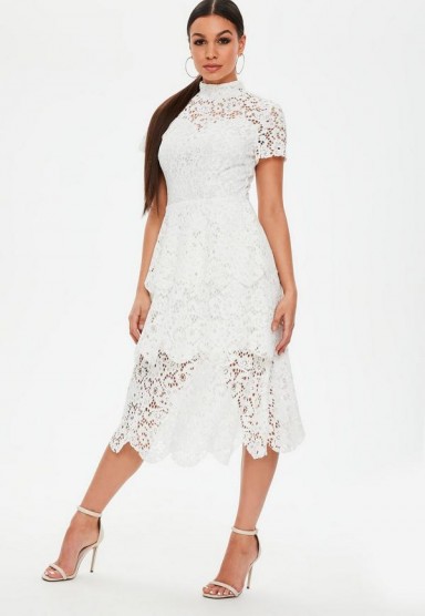 Missguided white lace midi skater dress – semi sheer high neck dresses