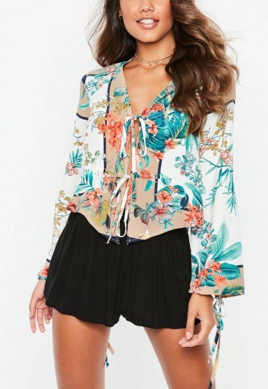 Missguided white oriental print tie front blouse | flared sleeve floral blouses - flipped