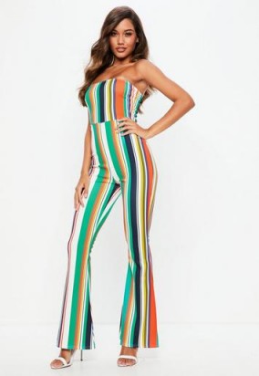 Missguided white stripe bandeau flare leg jumpsuit – 70s style strapless jumpsuits
