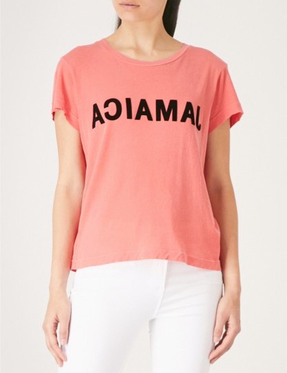 WILDFOX Flocked print Jamaica T-shirt / pink slogan t-shirt - flipped