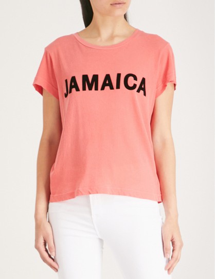 WILDFOX Flocked print Jamaica T-shirt / pink slogan t-shirt