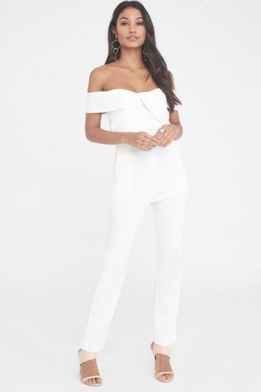 LAVISH ALICE woven twist bardot tapered jumpsuit in white ~ off the shoulder jumpsuits - flipped