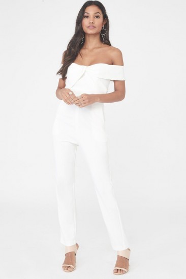 LAVISH ALICE woven twist bardot tapered jumpsuit in white ~ off the shoulder jumpsuits