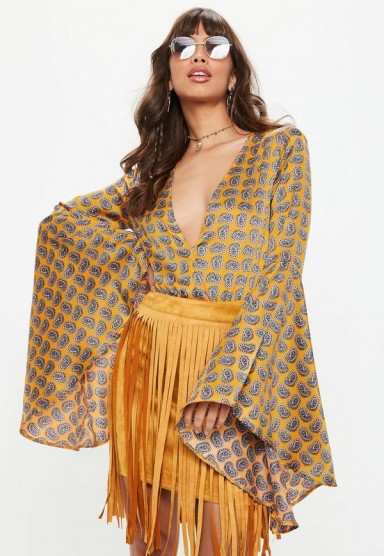 MISSGUIDED yellow paisley print satin extreme sleeve bodysuit ~ plunge front flared sleeved bodysuits ~ boho style tops