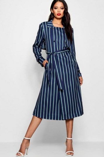 boohoo x Zendaya Edit Stripe Trench Coat – navy striped coats – celebrity fashion collections - flipped
