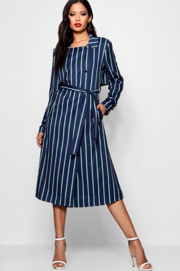 boohoo x Zendaya Edit Stripe Trench Coat – navy striped coats – celebrity fashion collections