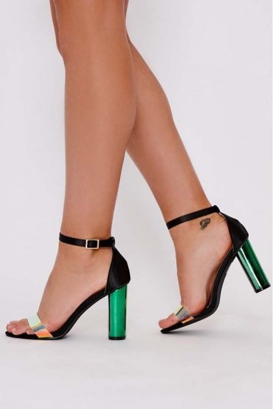 IN THE STYLE ZYANA BLACK SATIN IRIDESCENT CLEAR STRAP BARELY THERE HEELS ~ strappy going out sandals - flipped