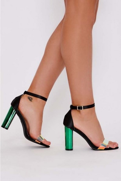 IN THE STYLE ZYANA BLACK SATIN IRIDESCENT CLEAR STRAP BARELY THERE HEELS ~ strappy going out sandals