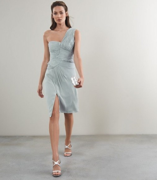 REISS ABBY ONE-SHOULDER PLEAT-DETAIL DRESS NEW SAGE ~ ruched evening dresses - flipped