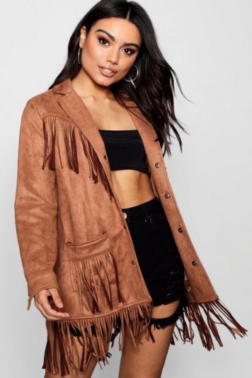 boohoo Aimee Suedette Tassel Festival Jacket – fringed – jackets – casual – tan/brown - flipped
