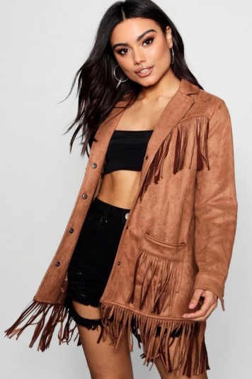 boohoo Aimee Suedette Tassel Festival Jacket – fringed – jackets – casual – tan/brown