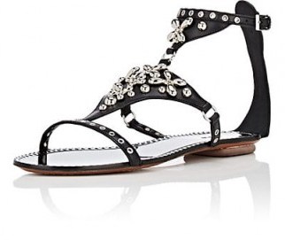 ALAÏA Flower-Embellished Leather T-Strap Sandals | strappy jewelled flats - flipped