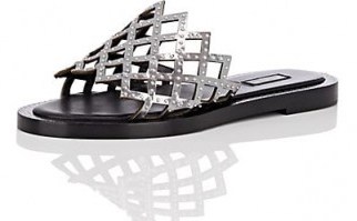 ALAÏA Studded Laser-Cut Silver Specchio Leather Slide Sandals / metallic cut-out flats - flipped
