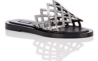 ALAÏA Studded Laser-Cut Silver Specchio Leather Slide Sandals / metallic cut-out flats