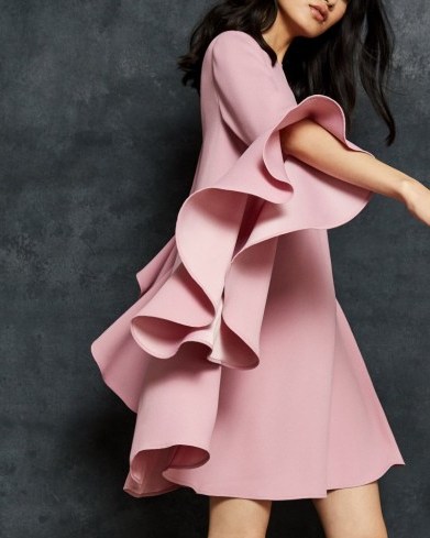 TED BAKER ASHLEYY A-line waterfall sleeve dress in Dusky Pink ~ statement fashion - flipped