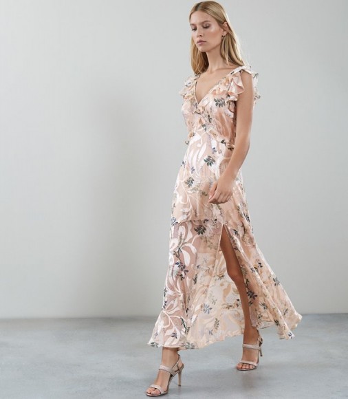 REISS ALMERIA BOTANICAL BURNOUT PRINT MAXI DRESS APRICOT ~ feminine summer event clothing ~ luxe style