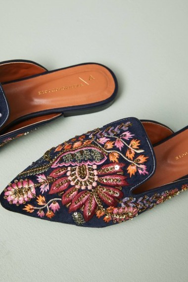 Anthropologie Embroidered Springtime Slides in black motif | flat mules | luxe flats - flipped