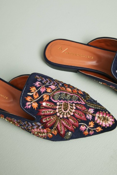 Anthropologie Embroidered Springtime Slides in black motif | flat mules | luxe flats