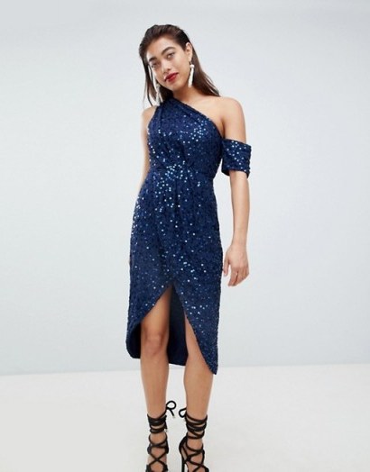 ASOS DESIGN Drape Pencil Midi Dress In All Over Sequin in Navy ~ sparkly blue party dresses - flipped