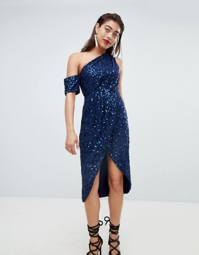 ASOS DESIGN Drape Pencil Midi Dress In All Over Sequin in Navy ~ sparkly blue party dresses