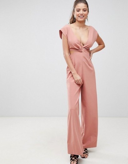 ASOS DESIGN knot front jumpsuit with cut out detail and wide leg in dusty pink | plunge front - flipped