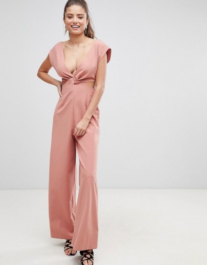 ASOS DESIGN knot front jumpsuit with cut out detail and wide leg in dusty pink | plunge front