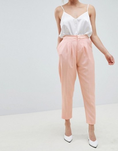 ASOS DESIGN Petite tailored contrast satin tapered trouser – nude-pink cropped leg front pleat suit trousers - flipped