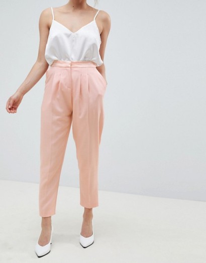 ASOS DESIGN Petite tailored contrast satin tapered trouser – nude-pink cropped leg front pleat suit trousers