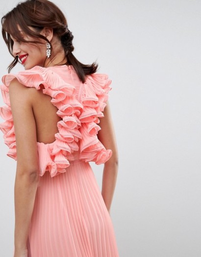 ASOS DESIGN Premium Occasion Ruffle Back Pleated Midi Dress in pastel peach – statement ruffles