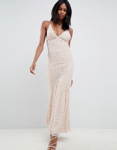 ASOS EDITION all over embellished strappy back maxi dress in blush – light pink sequin covered dresses - flipped