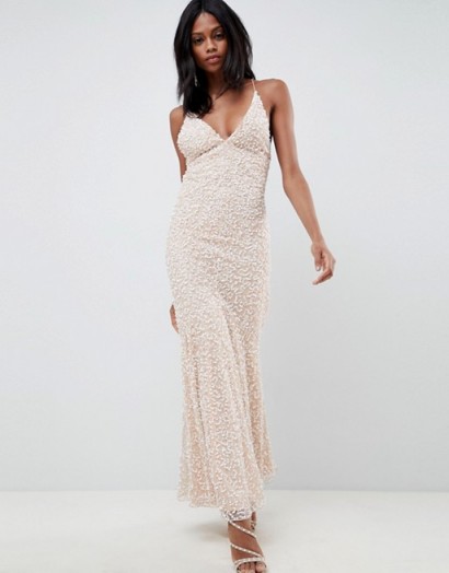 ASOS EDITION all over embellished strappy back maxi dress in blush – light pink sequin covered dresses